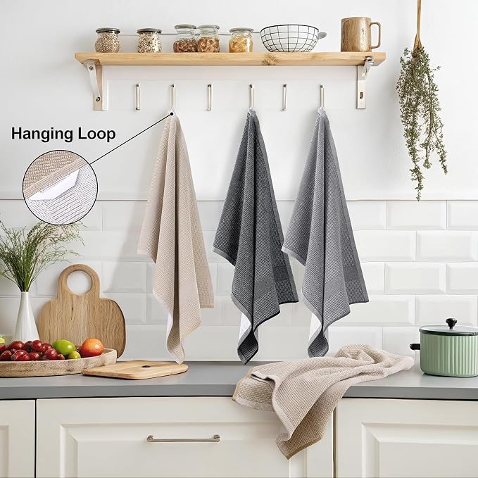 Mordimy Cotton Kitchen Towels (18"x 28", 3 Pack), Grey/Khaki/Black | 100% Ring Spun Cotton, Super Absorbent, 380 GSM, Flat & Terry, Soft, Hanging Loop Dish Towels