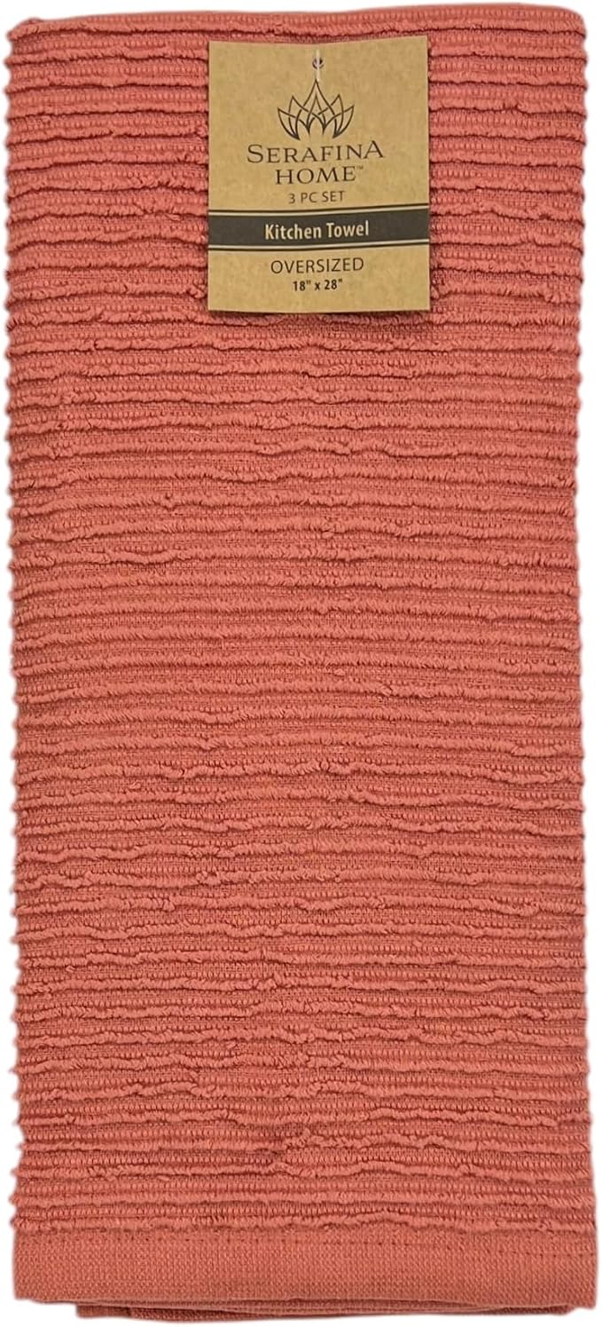 Peach Coral Salmon Kitchen Dish Towels, Set of 3, 100% Cotton, 18" x 28" | Terry Loop Ribbed Textured, Soft & Absorbent Cleaning Cloth, Quick Dry, Multipurpose for Everyday Use