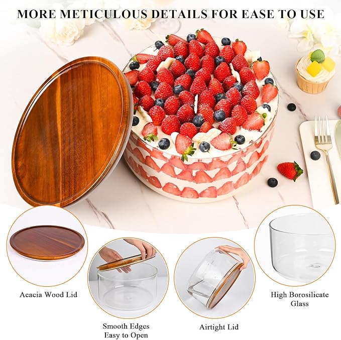 LOVYANXUE 197 oz Large Glass Salad Bowl with Acacia Wood Lid - Glass Trifle Bowl, Versatile Serving Bowls for Cake, Salad, Fruit, Baking, Dessert, Meal Prep, Storing, Microwave & Oven Safe, BPA Free