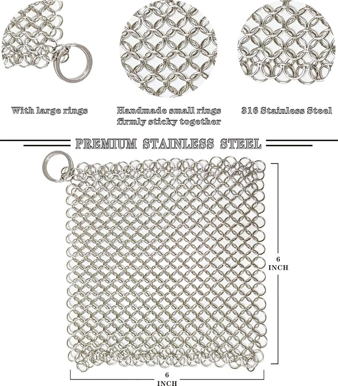 Cast Iron Cleaner - 6 Inch Stainless Steel Chain mail Scrubber for Cast Iron Pans Cleaner Chainmail Scrubber for Skillet, Wok, Pot, Dutch Ovens