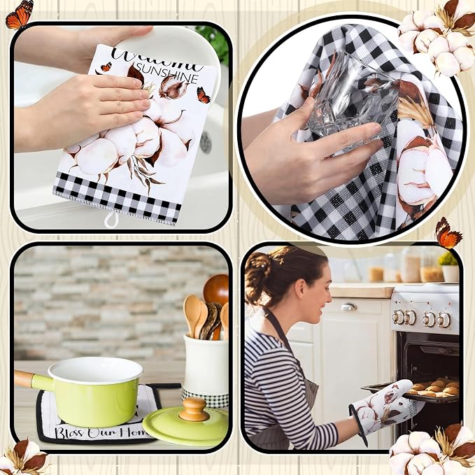 Leinuosen 8 Pcs Rustic Kitchen Towels and Dishcloths Sets Pot Holders and Oven Mitts Sets Absorbent Kitchen Gloves Potholders Heat Resistant for Chef Baking Cooking
