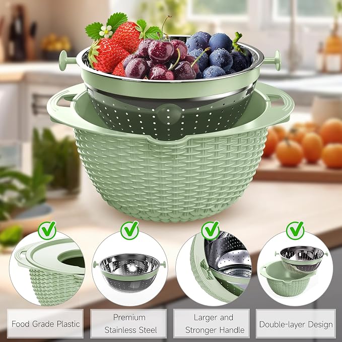 4-1 Strainer with Bowl & Spoons Set - Strainers and Colanders - Colanders for kitchen(Patented) - Pasta Strainer with Upgraded Graters & Spoons for Fruit Veggie Kitchen Essentials, Green