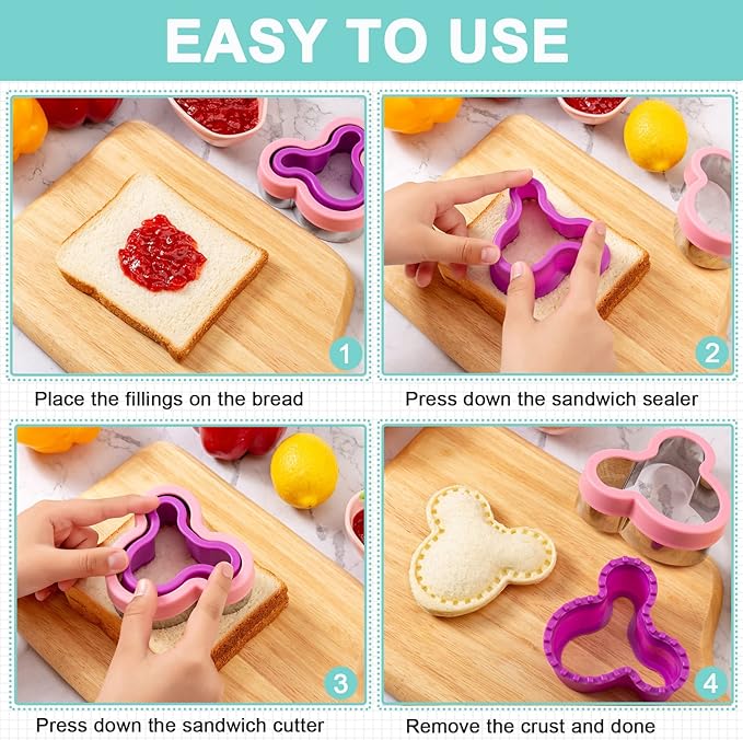 Nifogo Sandwich Cutter for Kids Lunch 22 Pcs (LARGE) | Sandwich Maker, Cookie Cutters and Sealer Set, Stainless Steel, Bread Decruster, Dinosaur Mickey Heart Shape for Boys Girls