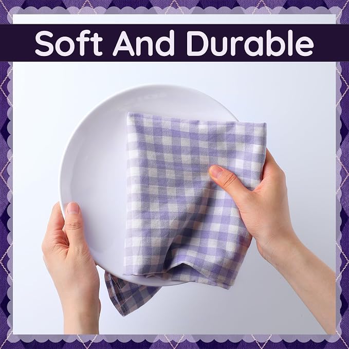 HunnmingRe 2 Pcs Purple Gingham Kitchen Towels Cotton Ruffled | Checked Dish Towels 18"x28" Tea Cloths Plaid Cottage Core Kitchen Decor for Farmhouse Charm Drying Dishes Entertaining Guests