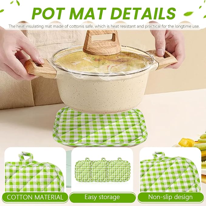 4pcs Pot Holders for Kitchen, Cotton Kitchen Hot Pads, Heat Resistant Oven Mitts and Pot Holders Sets (Green Tartan)