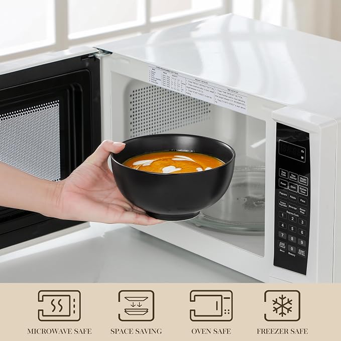 MALACASA 26 Oz Black Ceramic Bowls Set of 6,Cereal & Soup Bowl for Kitchen | Perfect for soup, cereal, ramen, rice, oatmeal & salad; Scratch-resistant ; stackable, microwave, oven & dishwasher safe