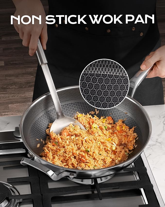 FGJ Wok pan,12 inch Hybrid Wok with Lid,PFOA Free Cookware,Non Stick Stainless Steel Woks & Stir-fry pans Nonstick, Dishwasher and Oven Safe, Works on Induction