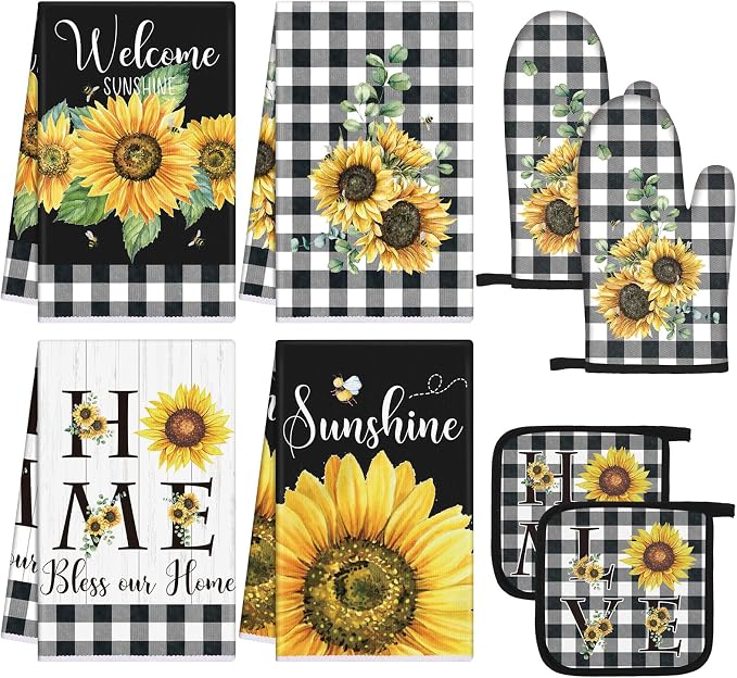 Leinuosen 8 Pcs Sunflower Checkered Kitchen Towels and Dishcloths Sets Pot Holders and Oven Mitts Sets Absorbent Kitchen Gloves Potholders Heat Resistant for Chef Baking Cooking