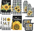 Leinuosen 8 Pcs Sunflower Checkered Kitchen Towels and Dishcloths Sets Pot Holders and Oven Mitts Sets Absorbent Kitchen Gloves Potholders Heat Resistant for Chef Baking Cooking