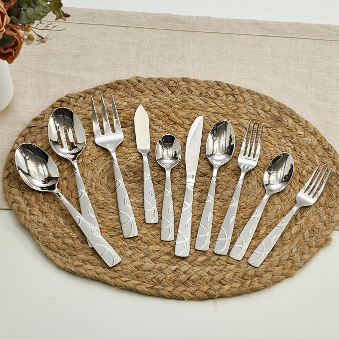 HIKAA Silverware Set, 45-piece Silverware Set with Serving Utensils Set, for Kitchen, Home, Wedding, Party, Mirror Polished and Dishwasher Safe