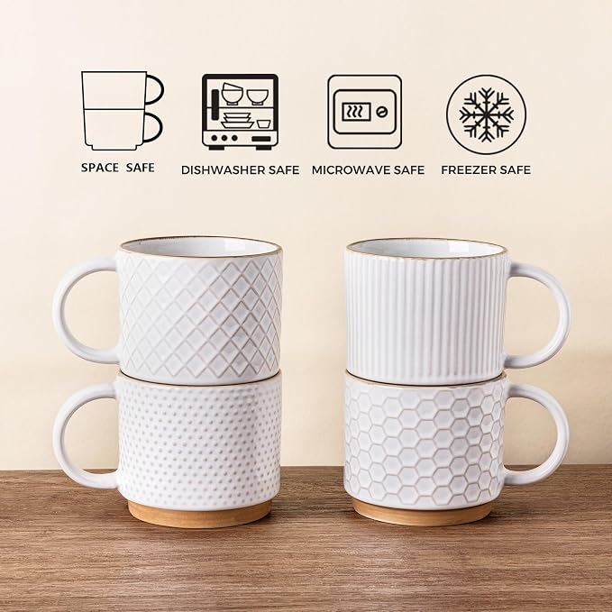 GBhome 6 OZ Stackable Coffee Mugs Set of 4, Ceramic Coffee Cups Set | 4 Assorted Designs, Embossed Mugs with Texture Patterns for Espresso/Tea, Dishwasher&Microwave Safe, Off White