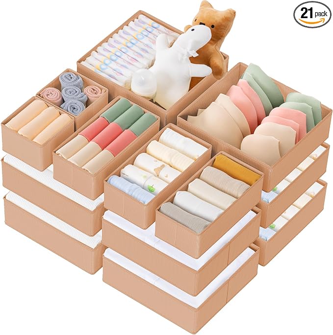 Drawer Organizer Clothes, 21 Pack Dresser Organizer for Baby Clothes, Underwear, Sock - Foldable Closet Organization and Storage Dividers Bins for Nursery, Bedroom (Brown)