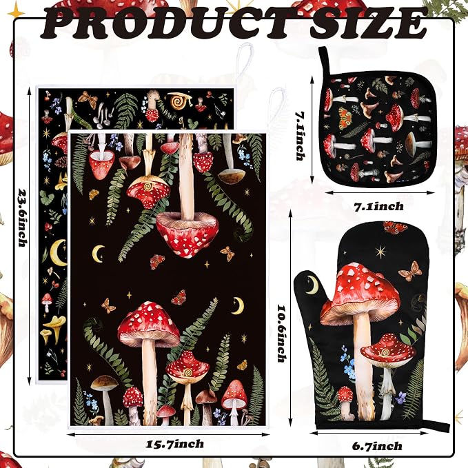 Bencailor 6 Pcs Mushroom Kitchen Towels Oven Mitts and Pot Holders Set Decorative Dish Towels Tea Washcloth Non Slip Heat Resistant Oven Gloves for Summer Home Cooking Baking, Red