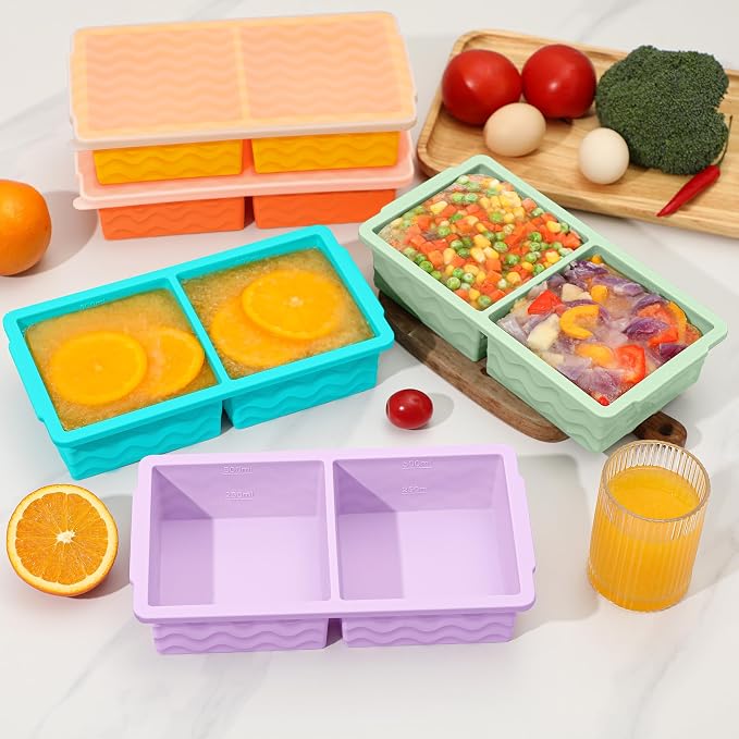 4-Pack Silicone Freezer Trays with Lid, Soup Freezer Container Molds | Large 2-Cup(500ml), Small 1/2-Cup (125ml), BPA Free, Freezer Tray for Soup, Stews, Sauces, Meal Prep, Broth, Leftovers