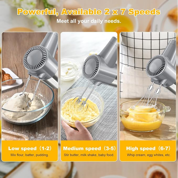 binROC Cordless Electric Hand Mixer, 7-Speed with Storage Base, Silver | Rechargeable, Eject Button, Long Battery, Quiet Anti-Splash, 6×304 Stainless Attachments, Self-Stand for Cake, Dough Baking