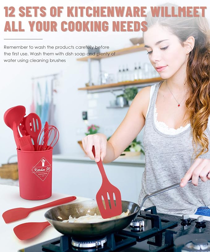 Pranski Kitchen Utensils Set-12 Pieces Silicone Cooking Utensils Set (Dishwasher Safe) 392°F Heat Resistant Spatula Set, Nonstick Cookware | Dishwasher Safe 392°F Heat Resistant Spatula Set Kitchen Utensil Set for Nonstick Cookware,Best Kitchen Tools w...