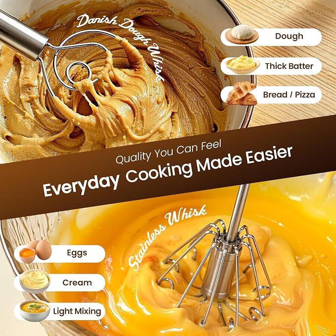 Danish Dough Whisk & Egg Whisk Set for Sourdough Bread, 12 inch | Bread Dough Mixer for Sourdough, Pizza, Batter, Eggs & Cream, Heavy Duty Baking Whisks, Kitchen Gadgets