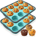 2 Pack Silicone Muffin Pan for Baking with Metal Reinforced Frame, Foldable 12 Cup Regular Size Nonstick Cupcake Pan, Muffin Tray for Baking, Dishwasher Safe Egg Bite Molds for Oven，Blue
