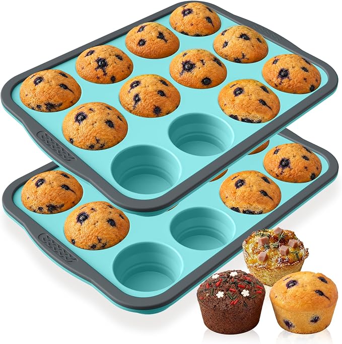 2 Pack Silicone Muffin Pan for Baking with Metal Reinforced Frame, Foldable 12 Cup Regular Size Nonstick Cupcake Pan, Muffin Tray for Baking, Dishwasher Safe Egg Bite Molds for Oven，Blue