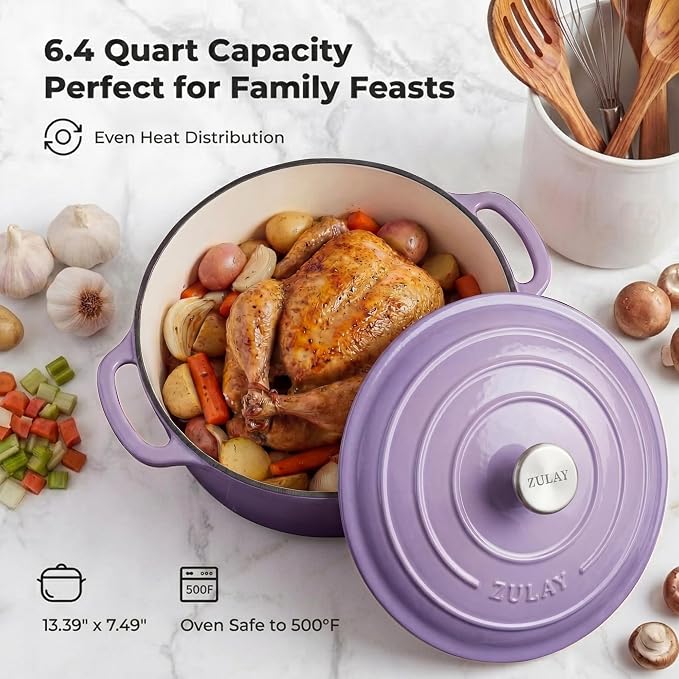 Zulay Kitchen 6.4QT Enameled Cast Iron Dutch Oven Pot with Lid, Heavy-Duty Soup Pot for Stews, Braising, Roasting & Sourdough Bread Baking, Oven Safe up to 500°F - Lavender Jade