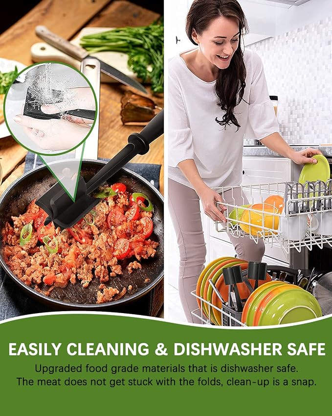 Upgrade Meat Chopper Hamburger Masher Ground Beef Smasher Utensil Mix Tool | Premium Heat Resistant Meat Masher, Nylon Potato Mashers Beef Smasher, Dishwasher Safe Non Stick Mix & Chop Tool Gift-Black