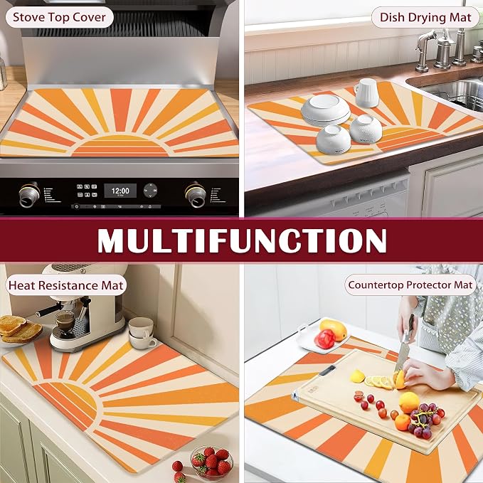 Vintage Boho Sun Stove Top Cover for Electric, Sunrise Sunshine Glass Ceramic Stove Cover, Heat Resistant Flat Stovetop Protector, Dish Drying Mats for Kitchen