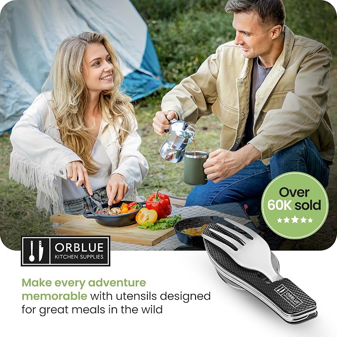 Orblue 4-in-1 Camping Eating Utensils, 2-Pack - Portable Spoon, Fork, Knife & Bottle Opener Combo Set - Stainless Steel Flatware with Detachable Fork - Travel, Backpacking Cutlery Multitool, Black