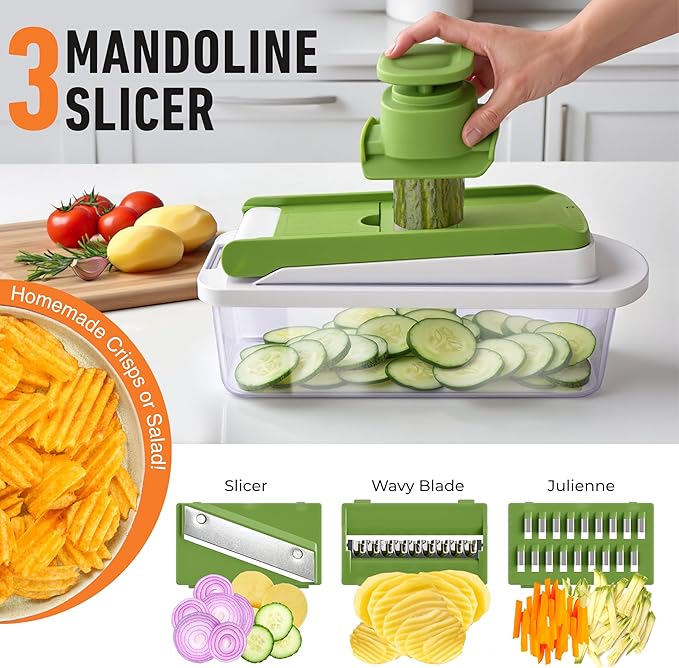 MUELLER HOME Pro-Series 10-in-1 Vegetable Chopper, 8 Blade Onion Mincer | Cutter, Dicer, Fruit Slicer with Container, French Fry Cutter Potato Slicer, Home Essentials, Salad Chopper White Sand/Green