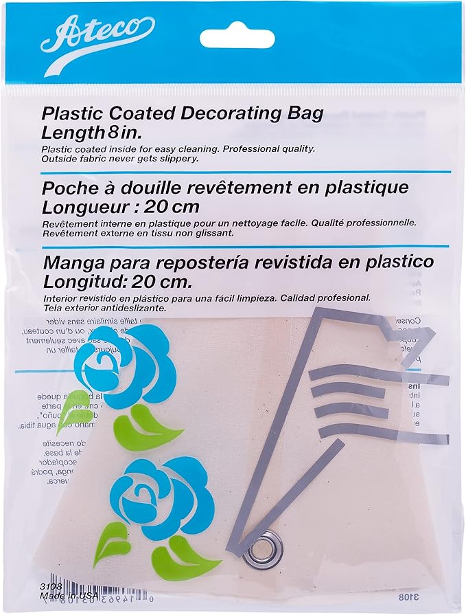 Ateco Plastic Coated Canvas Decorating Bag, 8-Inch, Reusable, Made in USA