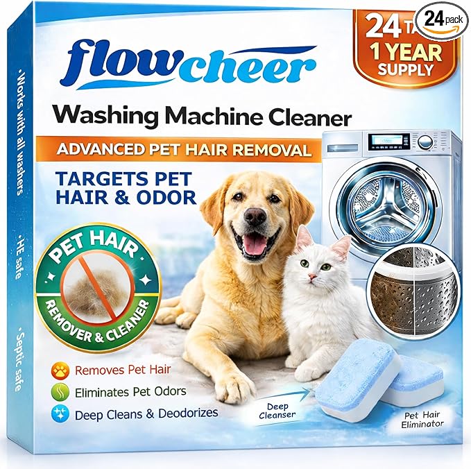 flowcheer Washing Machine Cleaner for Pet Hair 24 Tablets, 1 Year Supply | Odor Deep Cleaning Tablets for Washer Drum & Tub – Breaks Down Odor-Causing Buildup, Loosens Pet Hair Residue