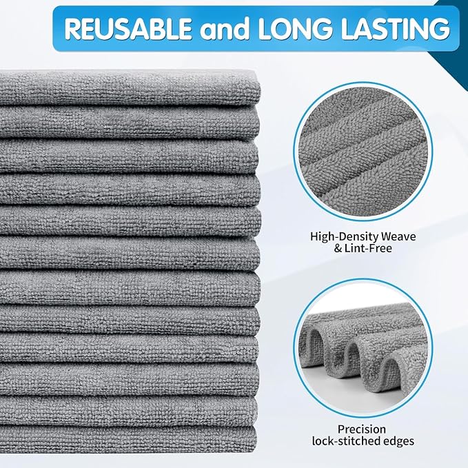 Grey Microfiber Cleaning Cloth -Pack of 24, Highly Absorbent Cleaning Rags, 16"X12" All Purpose Cleaning Towels for Housekeeping, Kitchen, Car, Lint Free and Reusable Microfiber Towels