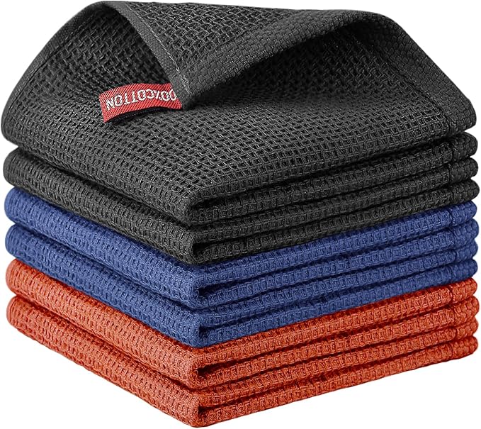 Nialnant 6 Pack Kitchen Towels, 100% Cotton, 12x12 Inches | Absorbent Quick Drying Dish Rags, Dish Cloth for Washing Dishes, Multipurpose Cleaning Rags