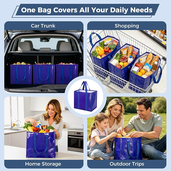 Reusable Grocery Bags, Waterproof & Foldable Shopping Bags Stand Upright | Heavy Duty Shopping Tote Bags, Waterproof & Foldable with Long Handles for Bulk Shopping, Versatile Storage 3 Pack-33L