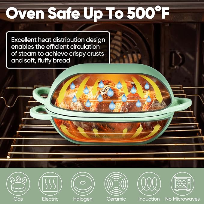 TeamFar Enameled Cast Iron Bread Loaf Pan, 2 QT Oval Dutch Oven with Lid | for Sourdough Bread Baking, Enameled Meatloaf Loaf Baking Pan with Lid, Even Heating & Self-Basting, Pistachio Green