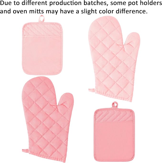 6Pcs Cotton Oven Mitts and Pot Holders Set Heat Resistant Hot Pads Durable Pocket Pot Holder Machine Washable BBQ Gloves with Hanging Loop for Safe Kitchen Baking Cooking Grilling Pink