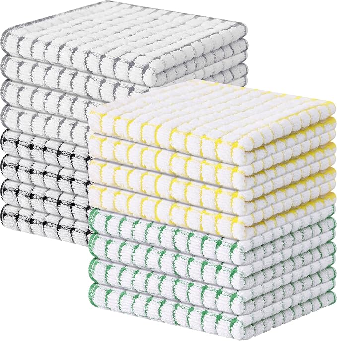 Kitinjoy Cotton 16 Pack Terry Kitchen Dish Cloths, Multi-Colored | 12 x 12 Inches Super Soft and Absorbent Dish Rags, Quick Drying Dish towels for Washing Dishes