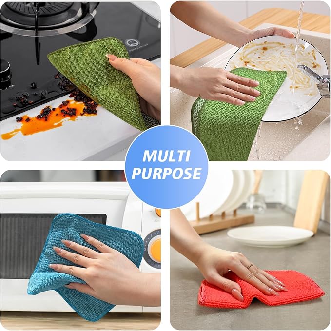 Dish Cloths for Washing Dishes with Scrub Side, Microfiber Dish Rags | Dual-sided microfiber dish cloths with scrubber for stuck-on food, quick dry kitchen washcloths 9 Pack, 7 Inch Mixing colors