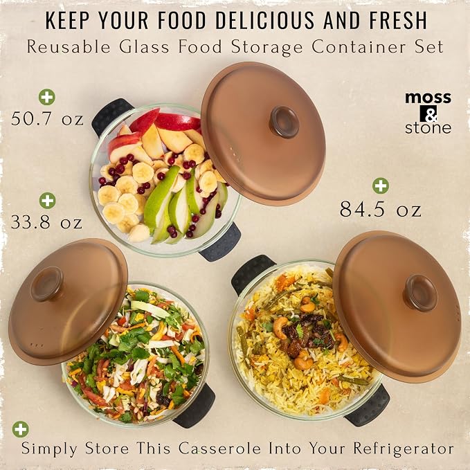Moss & Stone Clear Glass Casserole Dish Set with Lids, Glass Baking Dishes | 3-Piece Borosilicate Glass Bakeware Set with Plastic Lids, 3 Round Baking Dishes for Oven, Microwave, Serving & Food Storage
