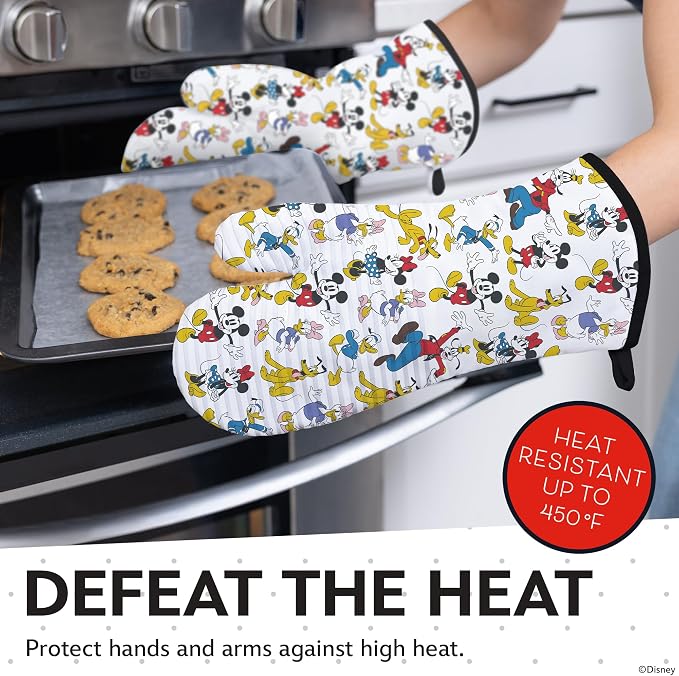 Disney Mickey Silicone Oven Mitts, Set of 2 7"x13.5", Heat Resistant 450F | Cotton exterior with grip stripes front and back, extended cuffs shield forearms, ambidextrous, hand wash only