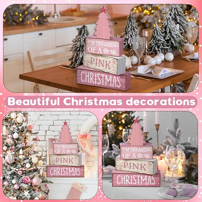 Lineshading 4 Pcs Wooden Christmas Decor Pink Tree Signs Tiered Tray | Indoor Farmhouse Tabletop Centerpiece, Pink Christmas Saying Blocks, Rustic Wood Signs for Shelves and Home