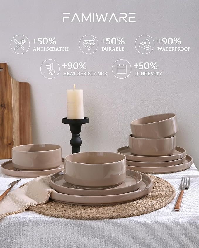 Famiware Nebula 16-Piece Dinnerware Set with Pasta Bowls, Cinnamon Brown | Stoneware Plates and Bowls, Service for 4 - Chip & Scratch Resistant, Microwave & Dishwasher Safe