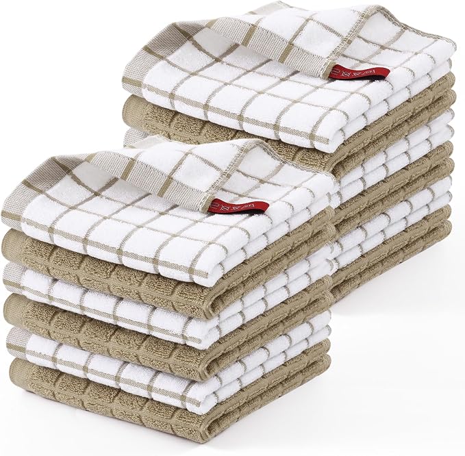 Homaxy Premium Cotton Kitchen Dish Cloths 12"x 12", 12 Pack, Tan | Natural Ring Spun 390 GSM Dish Rags, Super Absorbent Terry Dish Towels, Soft Dishcloths with Hanging Loop