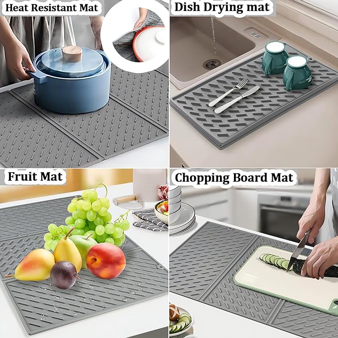 Silicone Dish Drying Mat for Kitchen Counter, Collapsible Trifold Large Dish Drainer Mat, Drying Mat with Hook, 24x16In Non-Slip Silicone Sink Mat, Easy to Clean