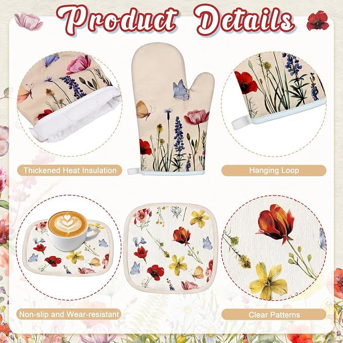 Tieshankao 10Pcs Wildflower Kitchen Decor Accessories Set | Vintage Wildflower Floral Theme, Kitchen Towels, Oven Mitts, Pot Holders, Rugs and Mats, Baking Supplies, Housewarming Gifts