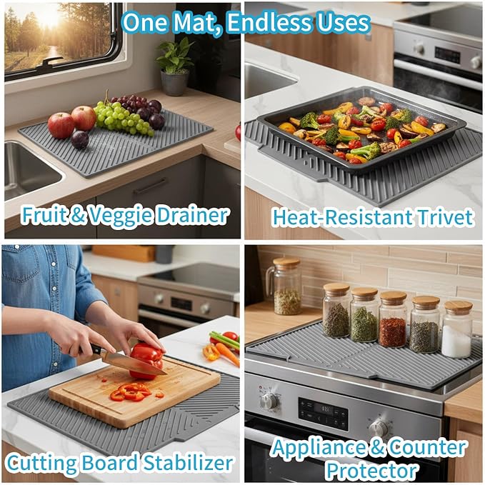 Silicone Dish Drying Mat for Kitchen Counter with 6.5" Built-in Drain Lip & Hanging Hole, Quick-Dry, Heat-Resistant, Non-Slip Stone Drying Mat, Easy to Clean and Drain Board (Grey, 16.9" x 13")