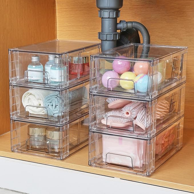 Vtopmart 2 Pack Stackable Clear Drawer with Dividers | Clear Drawer Organizers with Removable Dividers for Flexible storage. Stackable, Non-slip, for Fridge, Under Sink & Bthroom