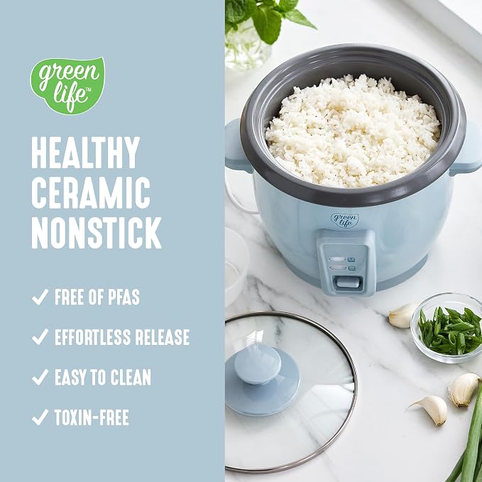 GreenLife Rice Cooker, 3-Cups Uncooked/6-Cups Cooked, Blue Haze | PFAS-Free Ceramic Nonstick Removable Pot, One-Switch Design, Grains Multicooker, Keep Warm, Dishwasher Safe Parts, Easy Clean