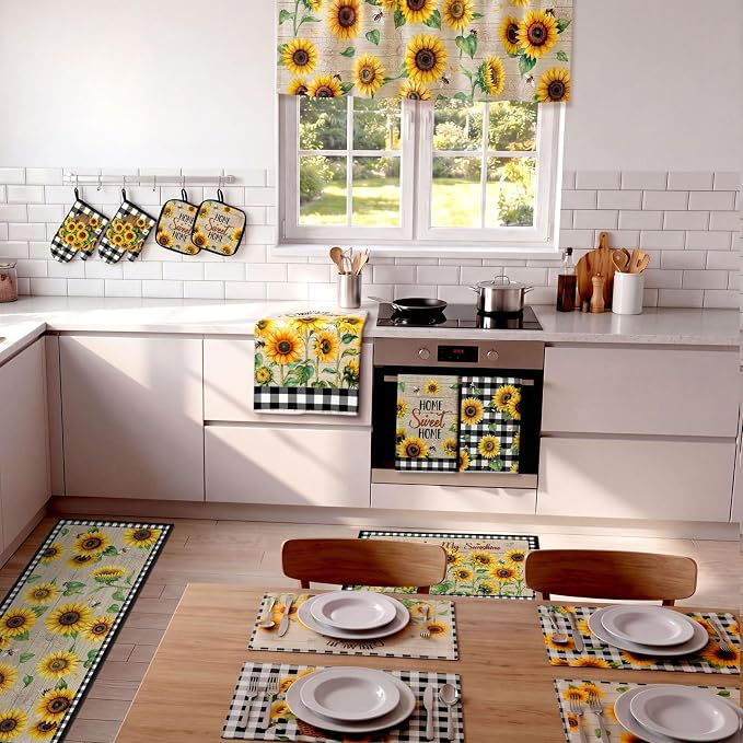 Fourluoo 16 Pcs Sunflower Kitchen Decor Set, Kitchen Towels, Sunflower Dishcloths, Black White Plaid Non Slip Rugs Mats, Oven Mitts, Pot Holders Placemats and Curtains Set for Home Summer Decoration