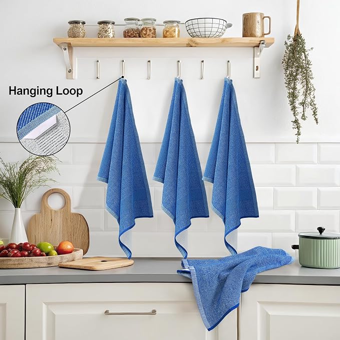 Mordimy Premium Large Cotton Kitchen Towels (18"x 28", 6 Pack), Blueberry | 100% Ring Spun Cotton, Super Absorbent, 380 GSM, Flat & Terry, Soft, Hanging Loop Dish Towels