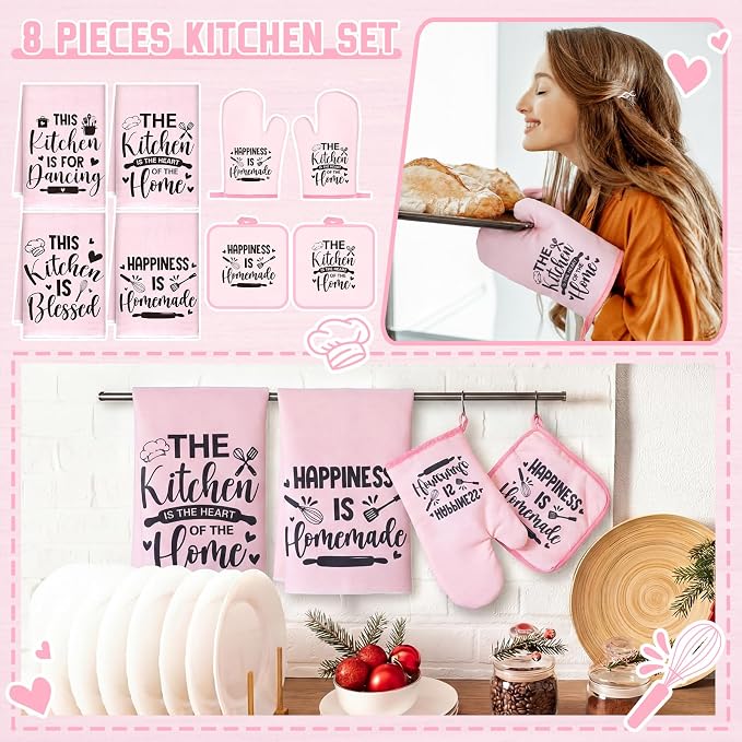 Leinuosen 8 Pcs Kitchen Towels and Oven Mitts Sets Pot Holders Dishcloths Set Kitchen Decorative Accessories Absorbent Potholders Heat Resistant for Chef Baking Cooking